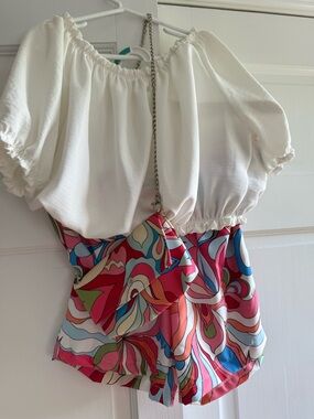 Pucci-esque Off-Shoulder Top with Printed Shorts and Matching Crossbody
